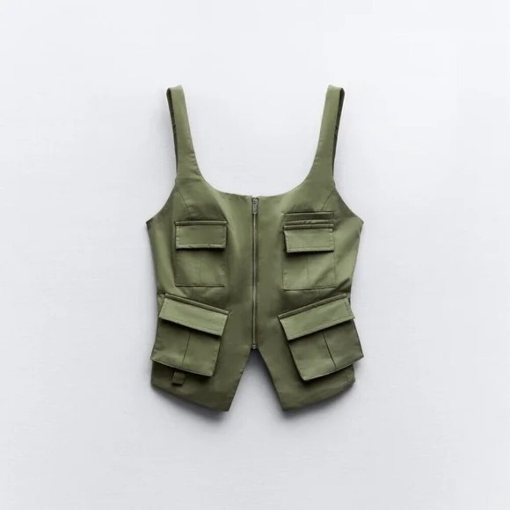 Zara pockets vest top light khaki/green sz L, XXL BNWT